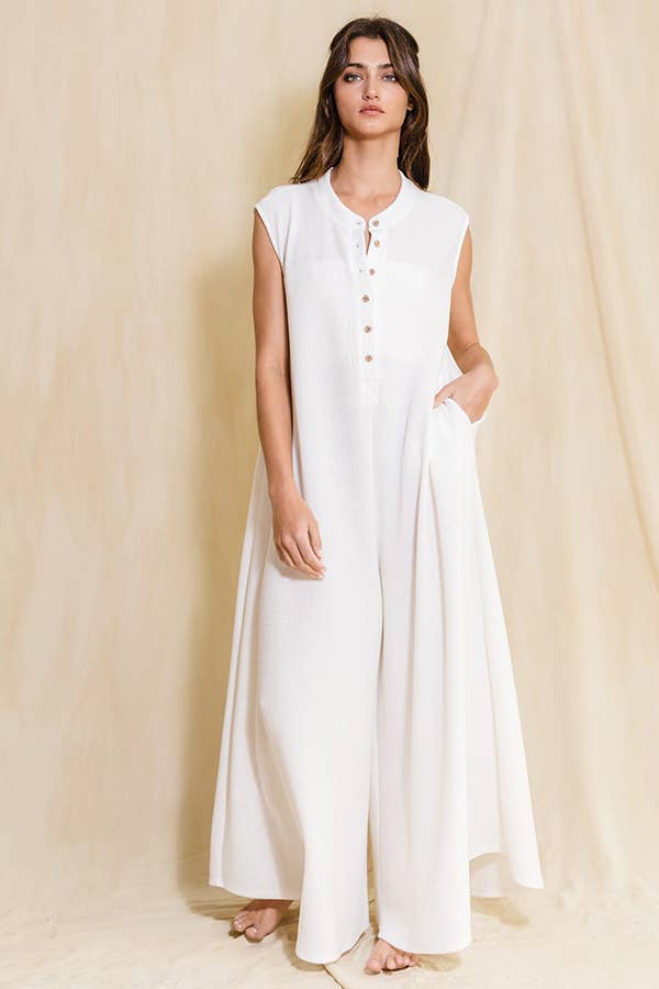 Wide Leg Button-up Loose Fit Solid Jumpsuit