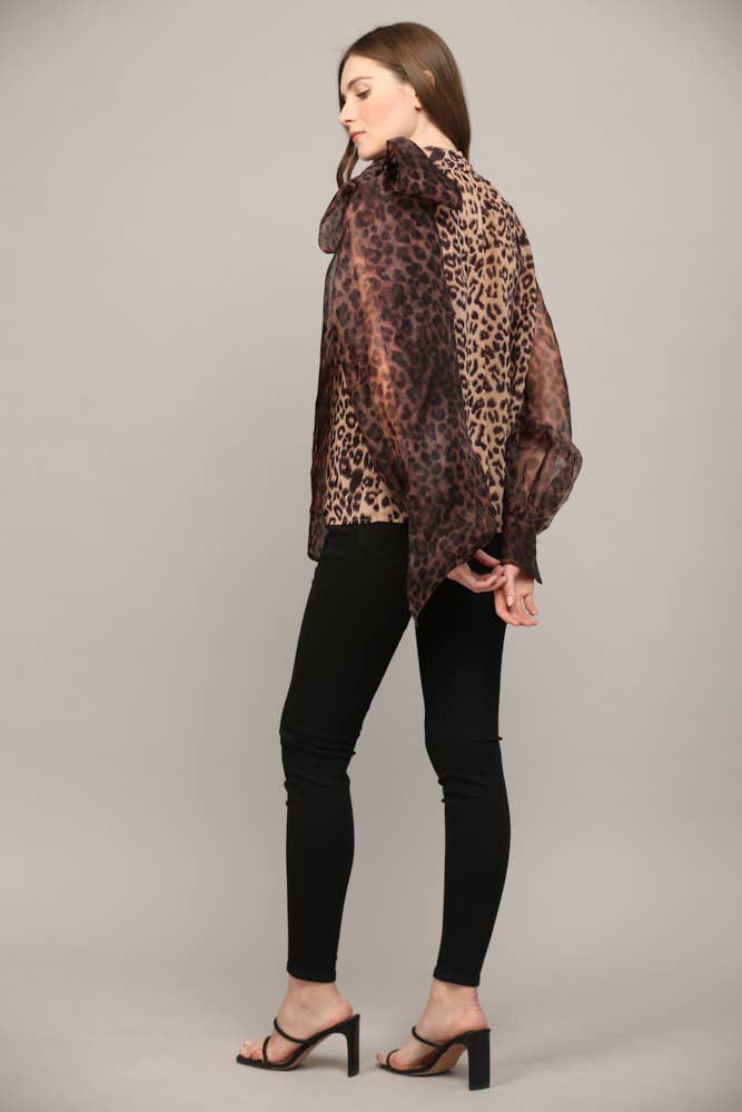 ANIMAL PRINT SHEER SLV BOW TIE BLOUSE