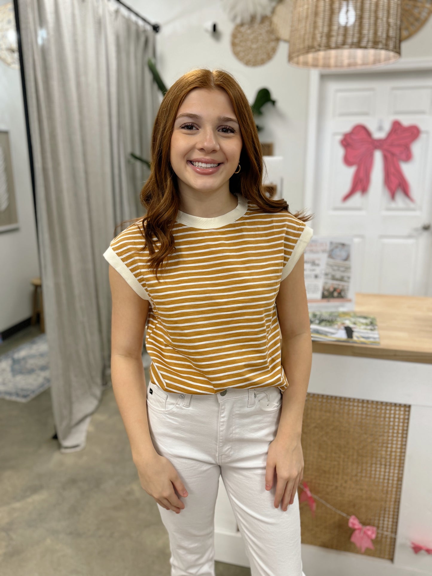 Nautical Cap Sleeve Striped Top in Dalgona