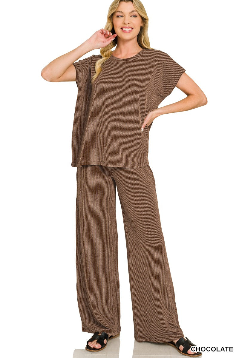 Raised Rib Relaxed Top & Pants Set Chocolate