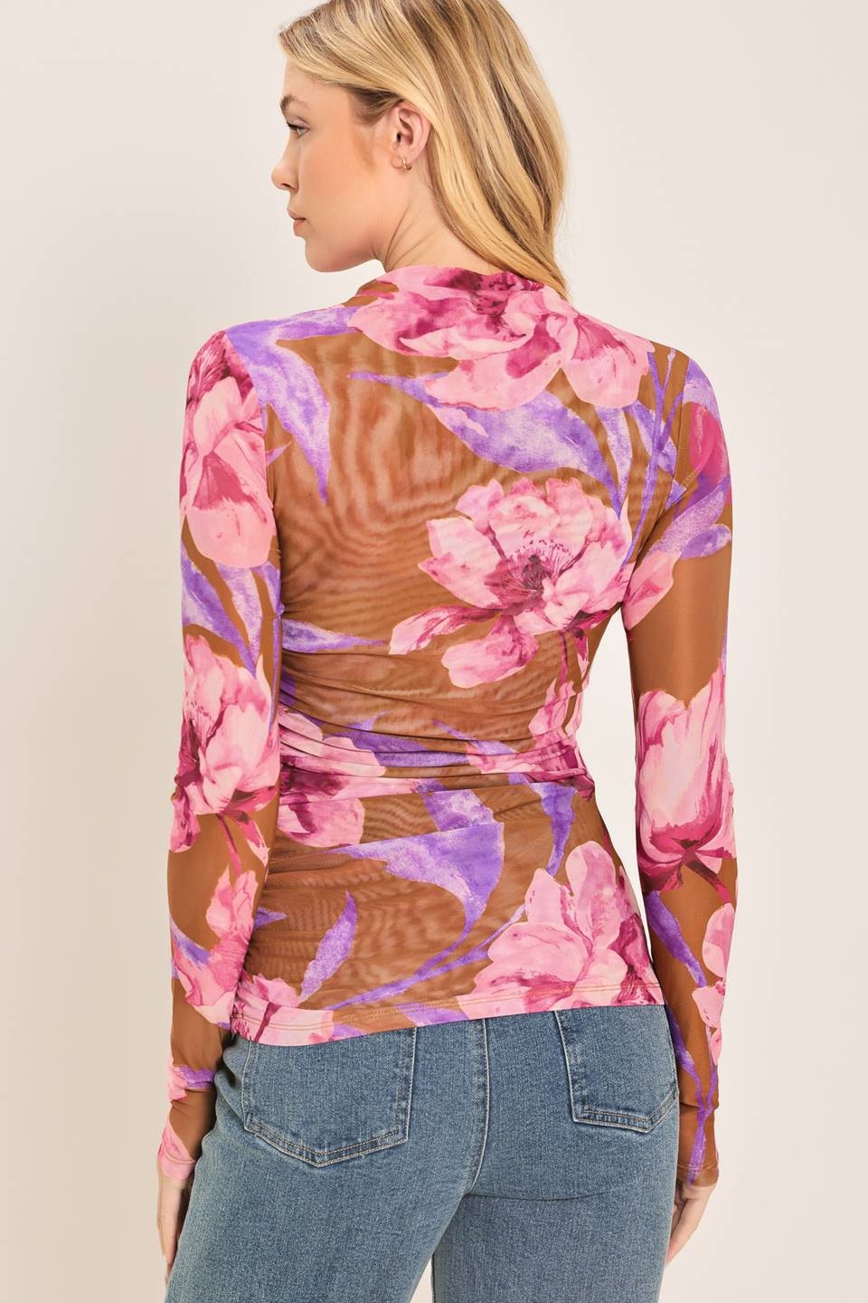 The Solan Floral Mesh Mock Neck Top