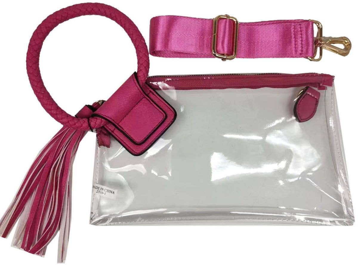 See Through Clear Cuff Handle Tassel Wrislet Clutch Hot Pink