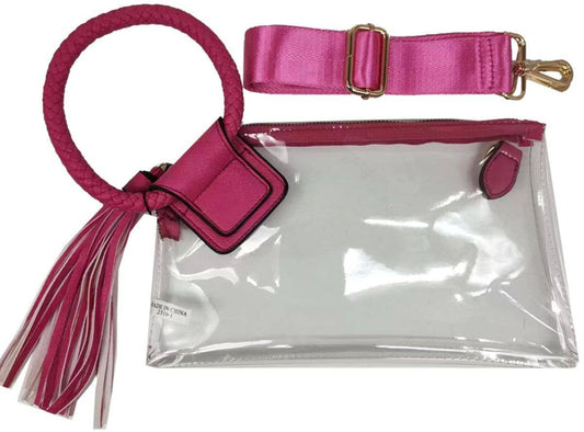See Through Clear Cuff Handle Tassel Wrislet Clutch multiple colors
