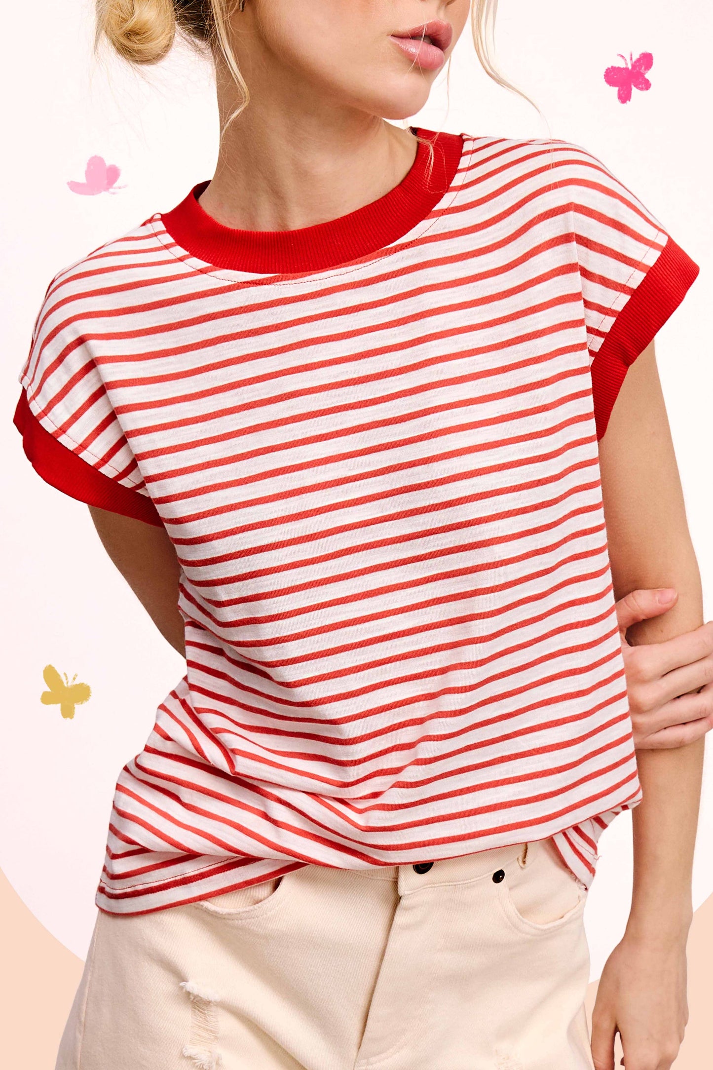 Nautical Cap Sleeve Striped Top Strawberry