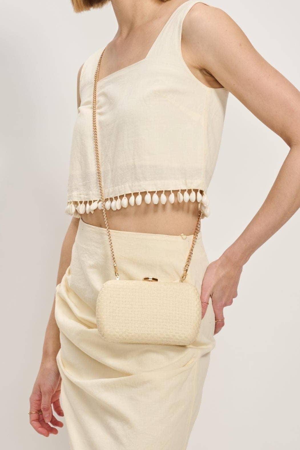 Roxie Straw Clutch With Chain Strap Ivory