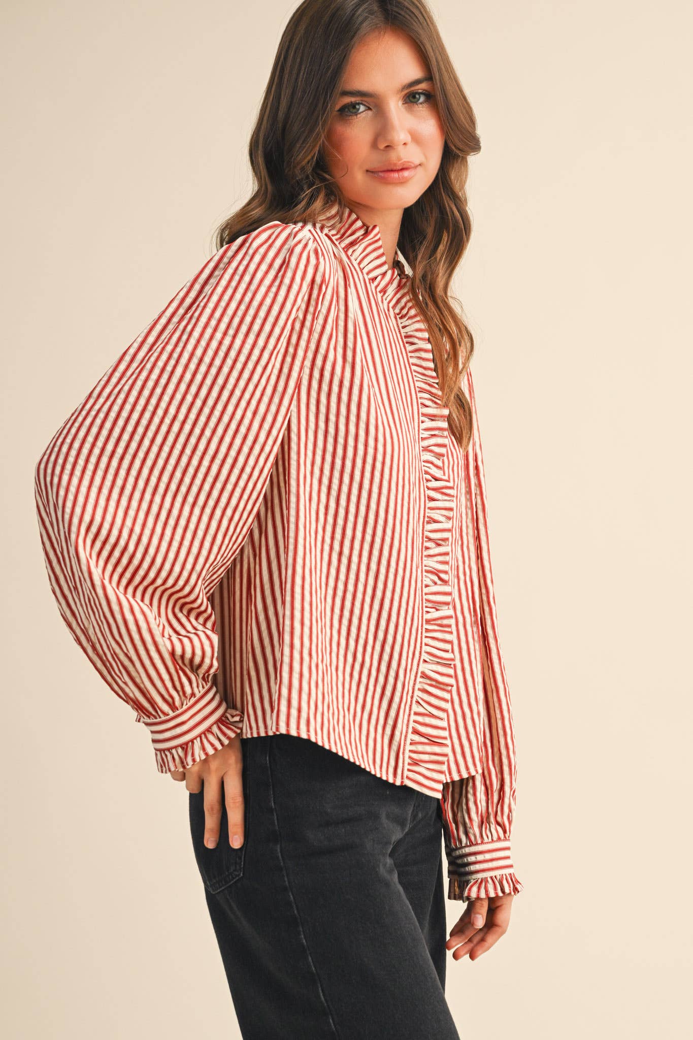 Ruffled and Ruby Button Down