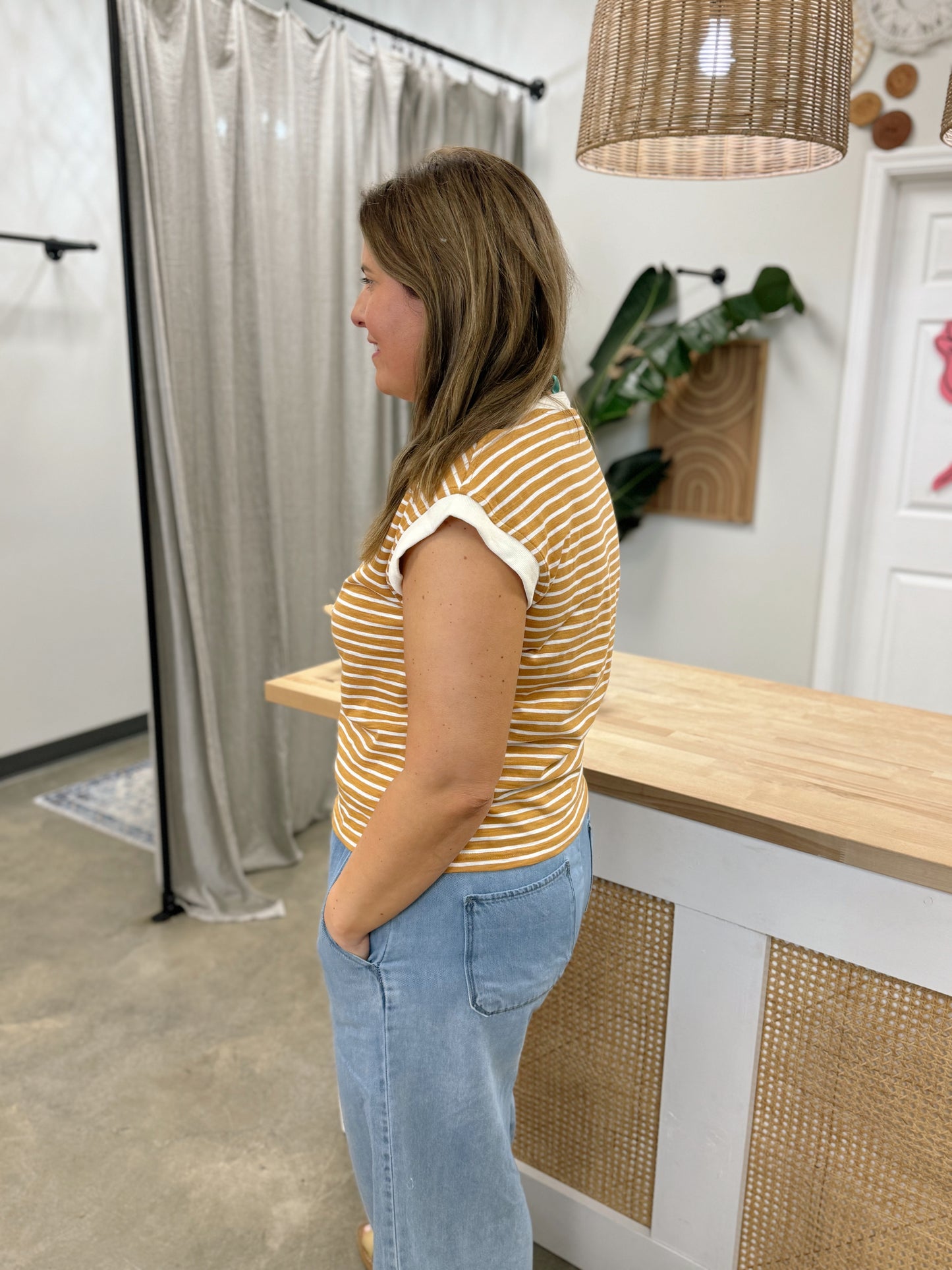 Nautical Cap Sleeve Striped Top in Dalgona