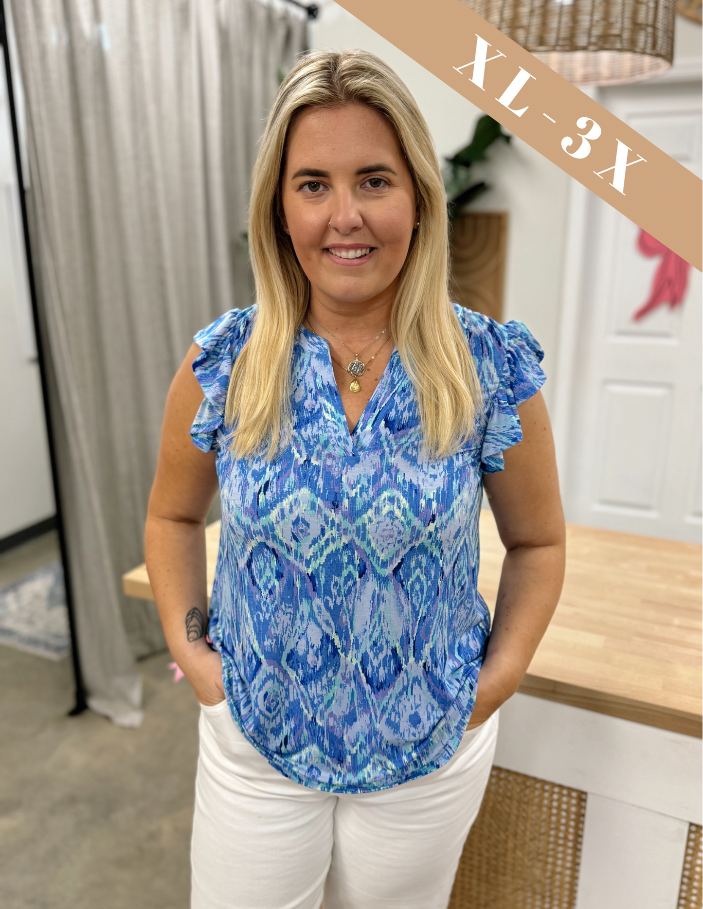 PLUS SIZE Blue Fair Isle Ruffle Sleeve Tank: