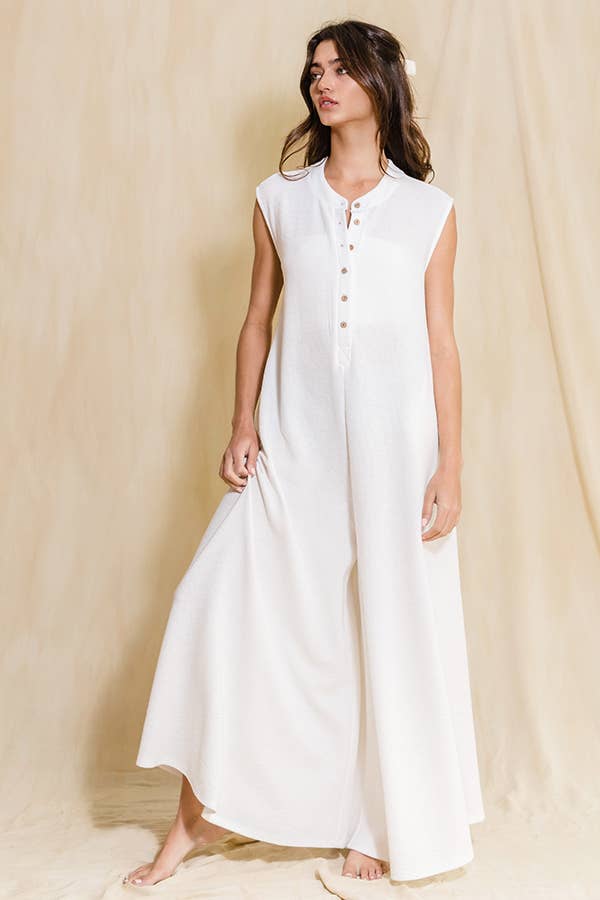Wide Leg Button-up Loose Fit Solid Jumpsuit