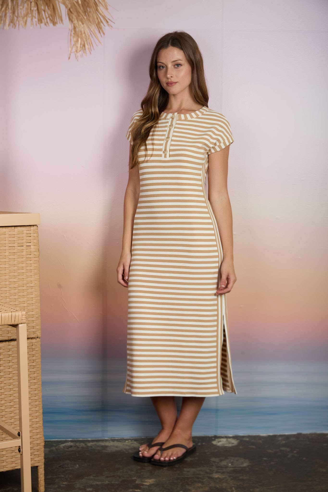 HENLEY SHORT SLEEVE KNIT MIDI DRESS KHAKI