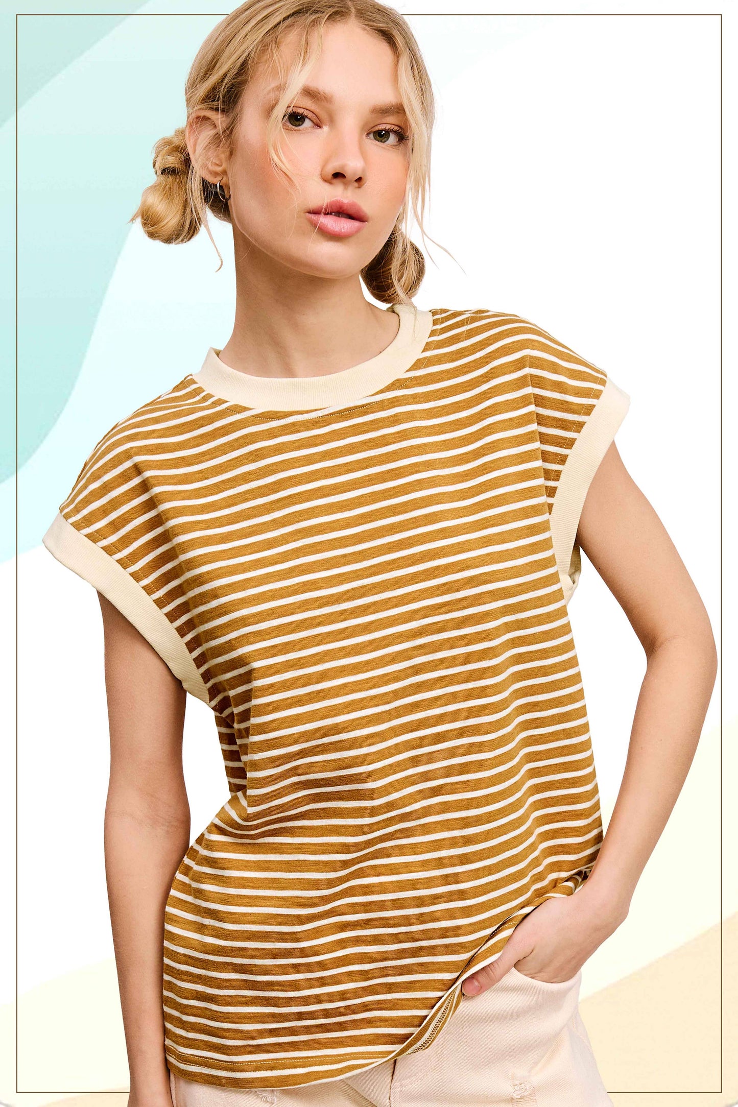Nautical Cap Sleeve Striped Top in Dalgona