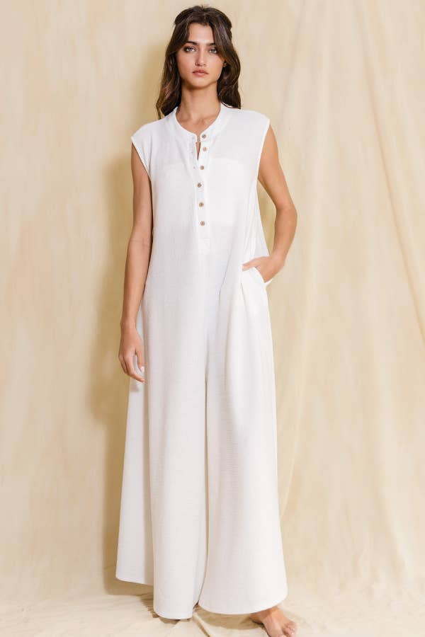 Wide Leg Button-up Loose Fit Solid Jumpsuit