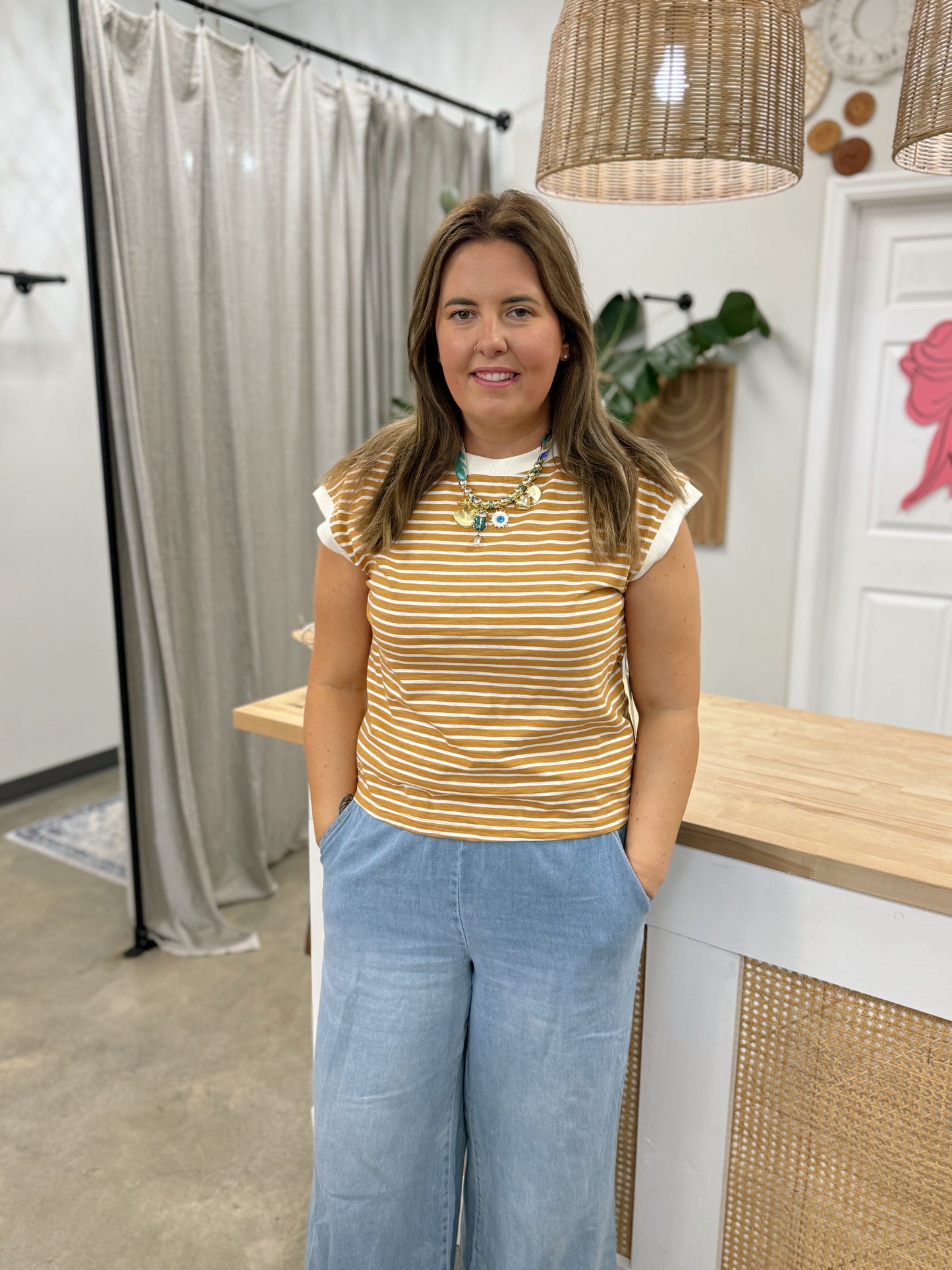 Nautical Cap Sleeve Striped Top in Dalgona