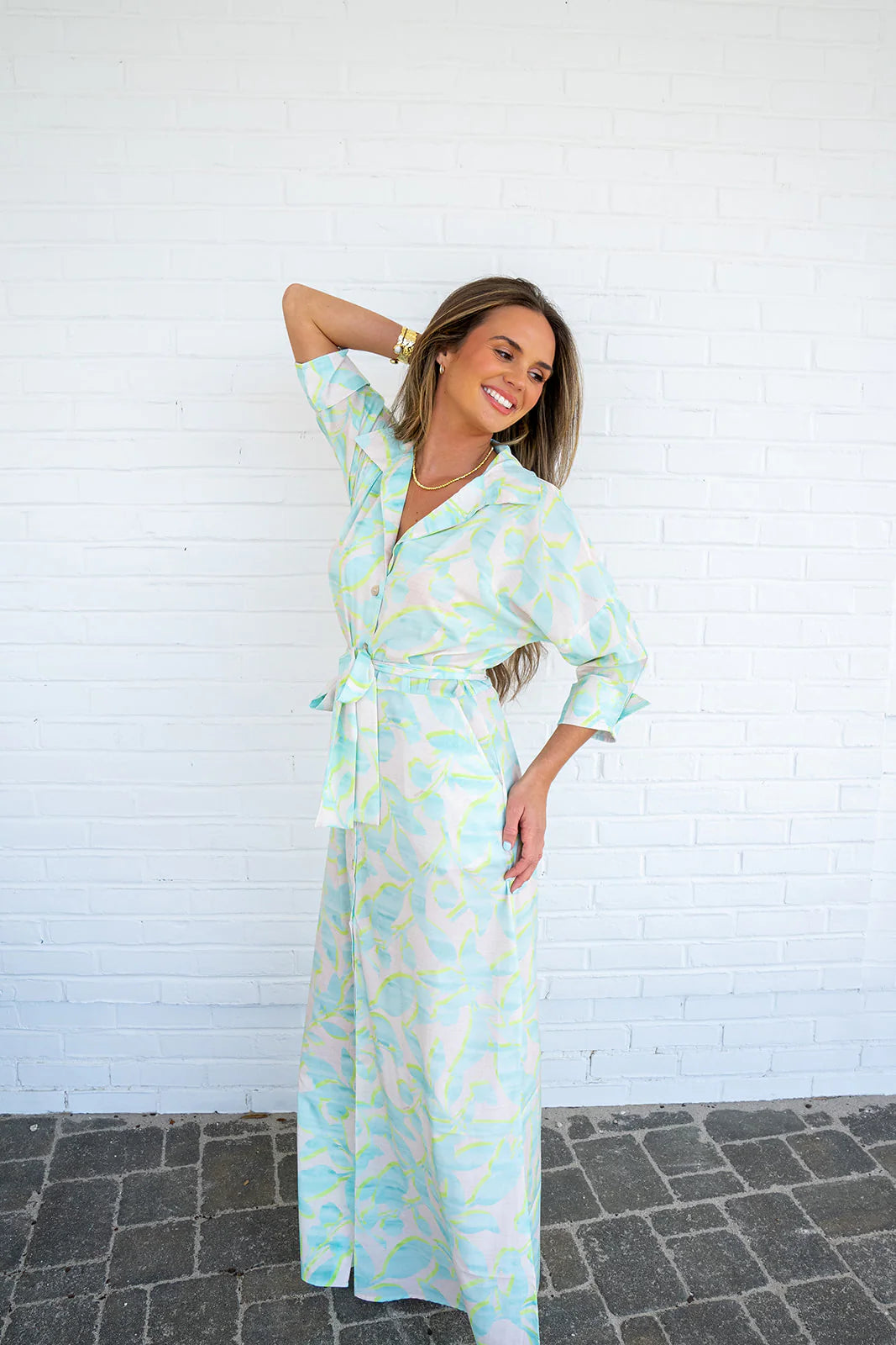 Serenity Point Maxi Dress - Aqua Print