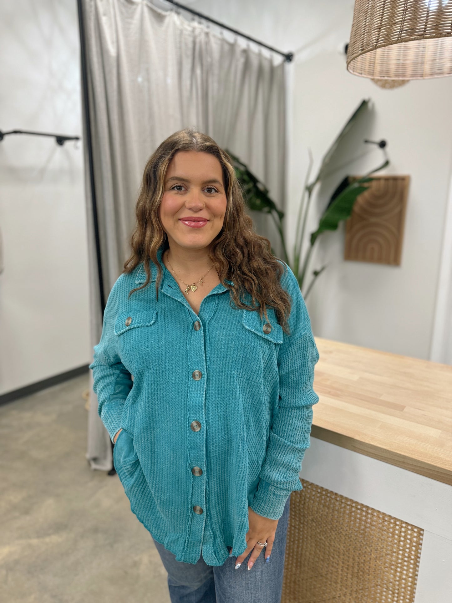 The Cozy & Chill Waffle Knit Button Up