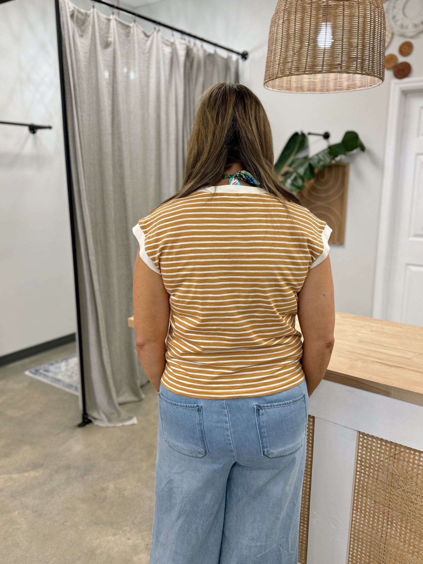 Nautical Cap Sleeve Striped Top in Dalgona