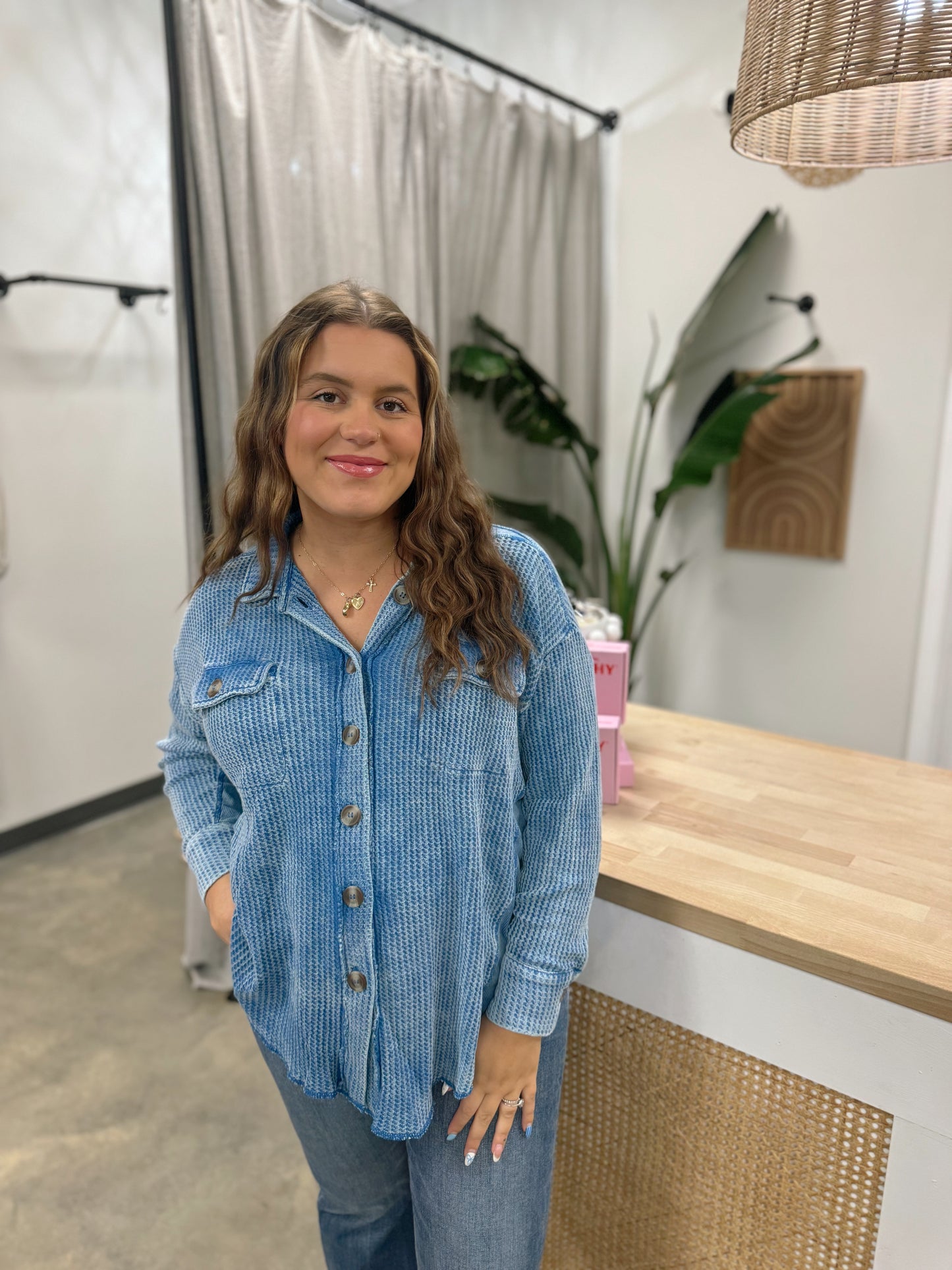 The Cozy & Chill Waffle Knit Button Up
