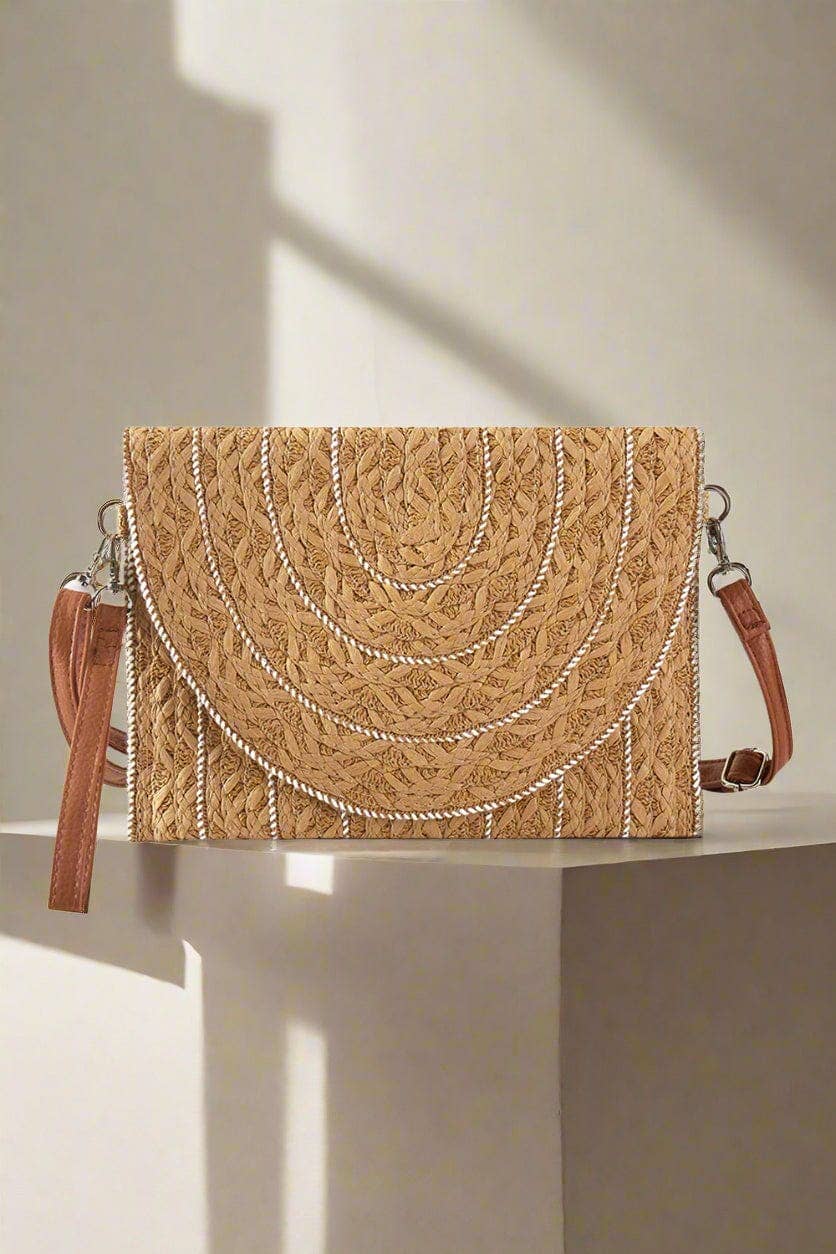 Stitch Detailed Straw Clutch/Crossbody Bag Taupe