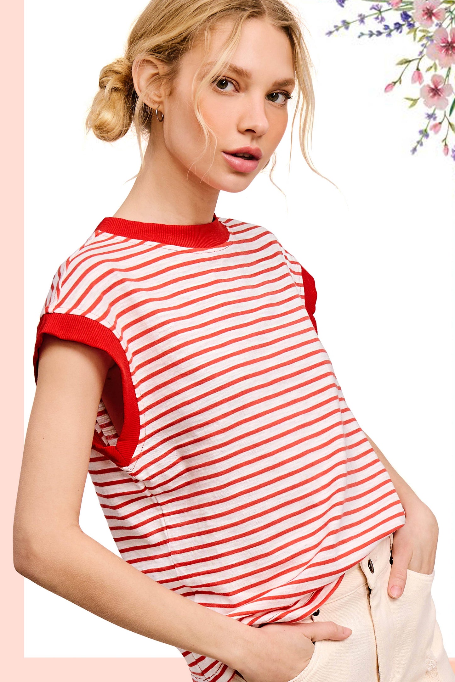Nautical Cap Sleeve Striped Top Strawberry