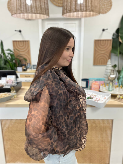 ANIMAL PRINT SHEER SLV BOW TIE BLOUSE