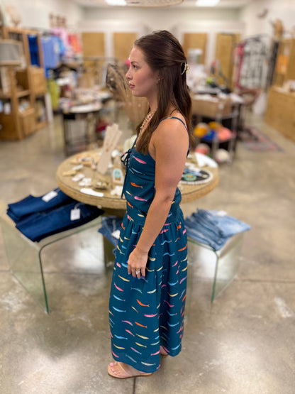 Fin Print in Teal Smocked Midi Skirt