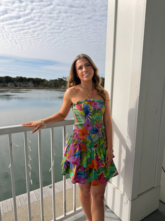 Resort Botanica Ruffled Halter Mini Dress