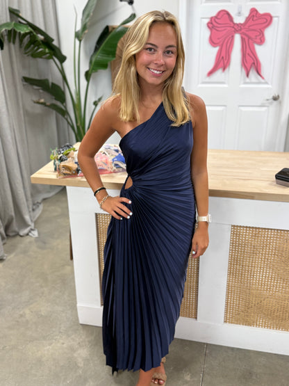 Olympia Asymmetrical Pleated Maxi Dress