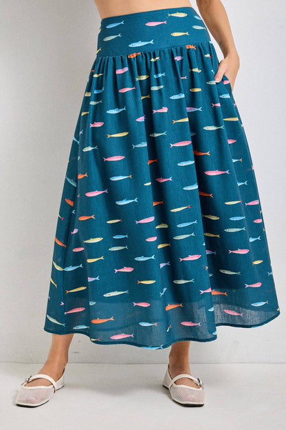 Fin Print in Teal Smocked Midi Skirt