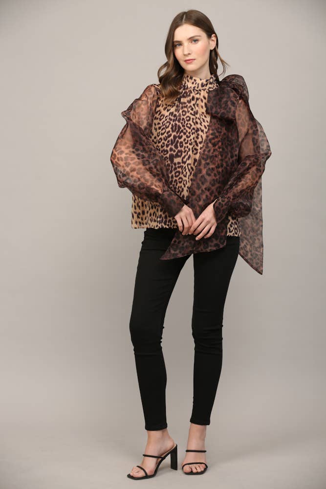 ANIMAL PRINT SHEER SLV BOW TIE BLOUSE