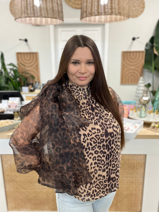 ANIMAL PRINT SHEER SLV BOW TIE BLOUSE