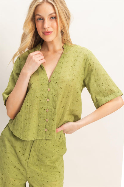 The Floral Eyelet Mandarin Collar Top in Palm