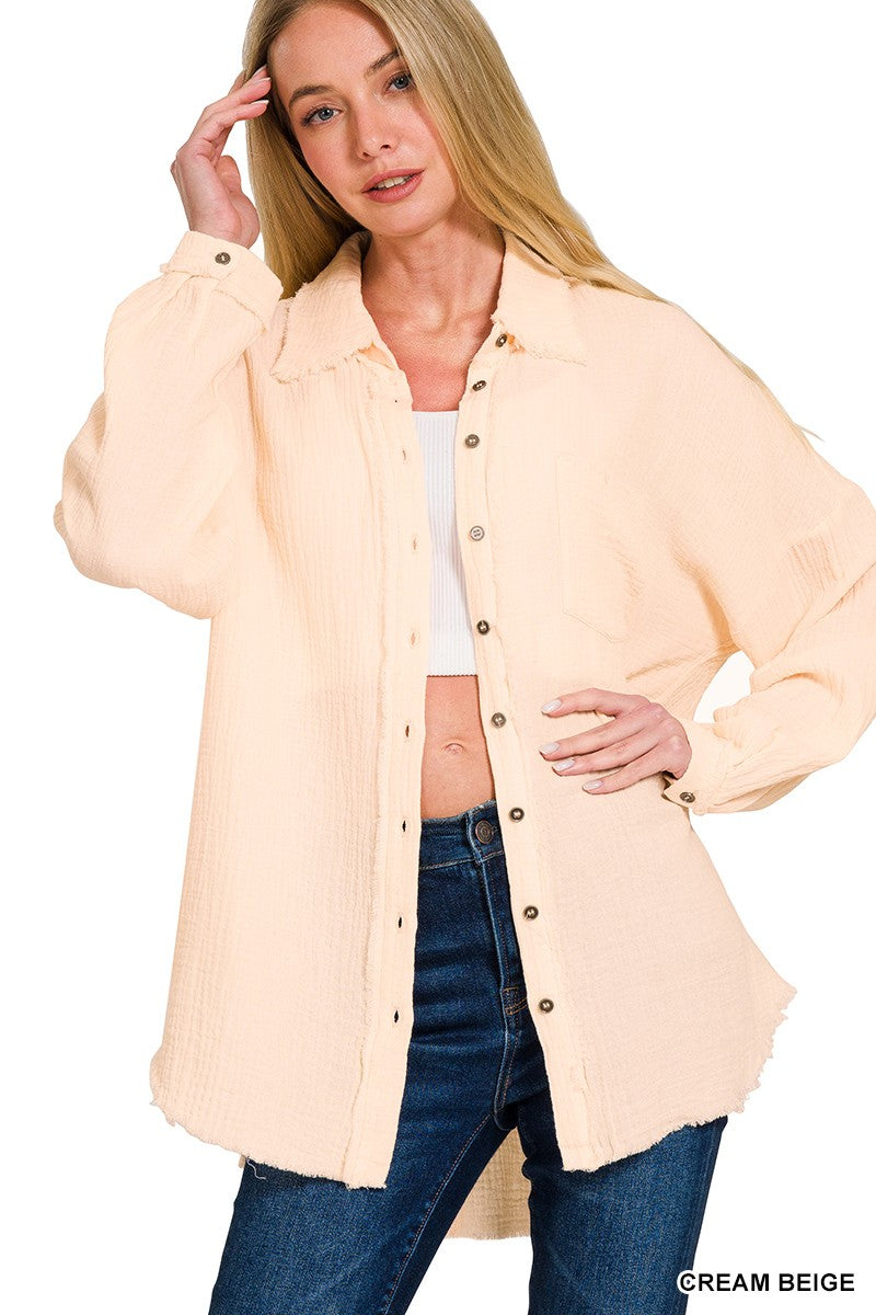 Button Down Gauze Shirt -Cream Beige