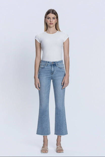 High Rise Raw Hem Kick Flare Jeans