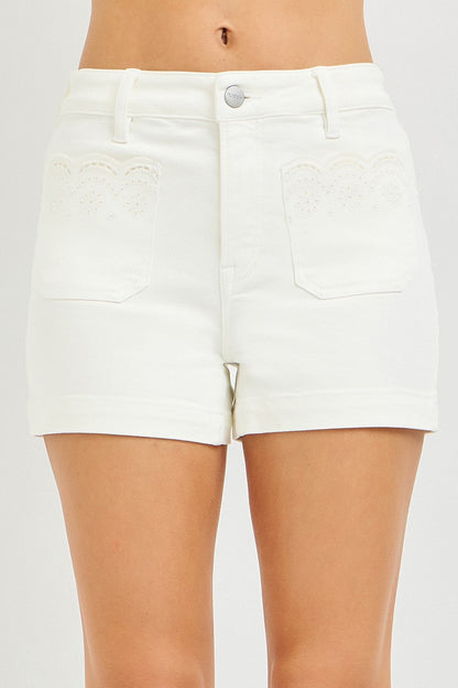 High Rise Scalloped Eyelet Embroidered Pockets