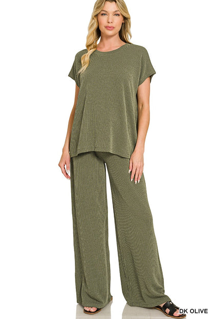 Raised Rib Relaxed Top & Pants Set Dark Olive