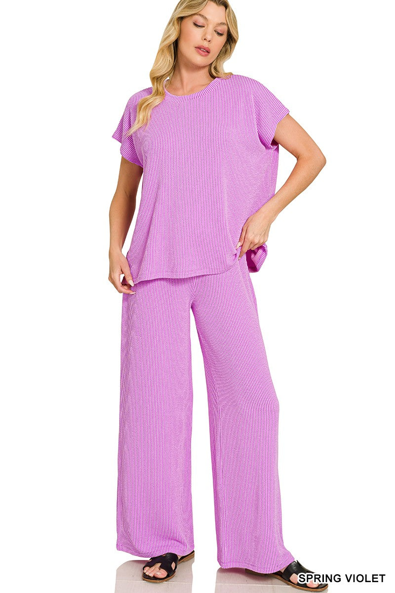 Raised Rib Relaxed Top & Pants Set Spring Violet