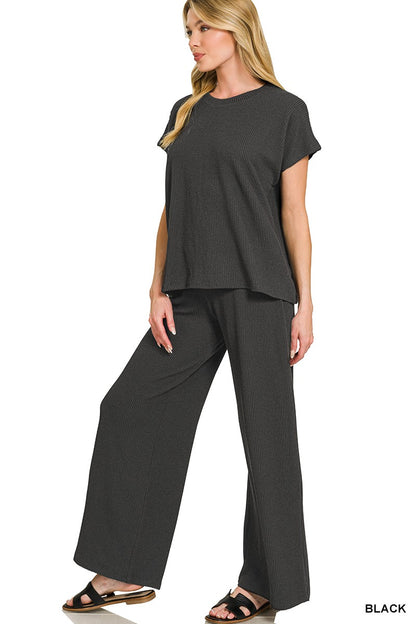 Raised Rib Relaxed Top & Pants Set Black