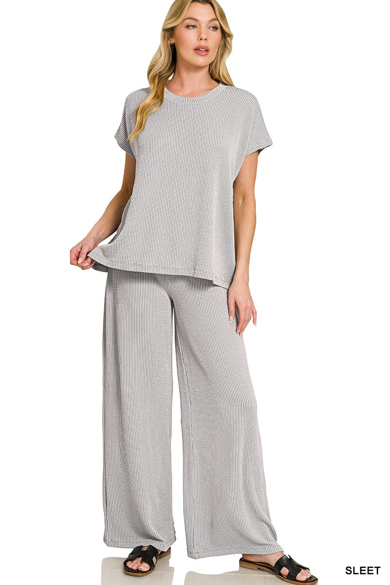 Raised Rib Relaxed Top & Pants Set Sleet