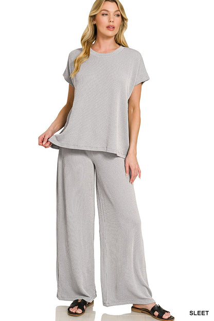 Raised Rib Relaxed Top & Pants Set Sleet