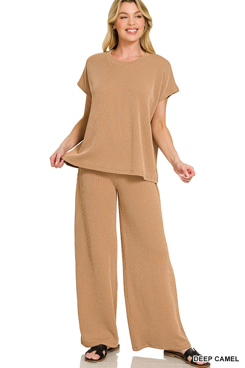 Raised Rib Relaxed Top & Pants Set Deep Camel