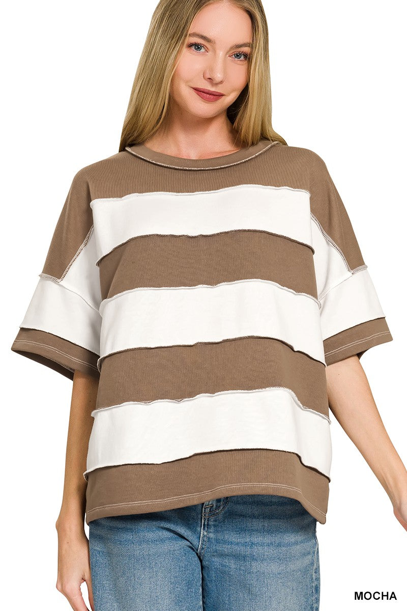 French Terry Striped Top  Mocha