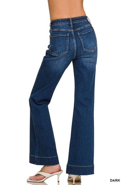 Tummy Control Elastic Waist Flare Denim Pants