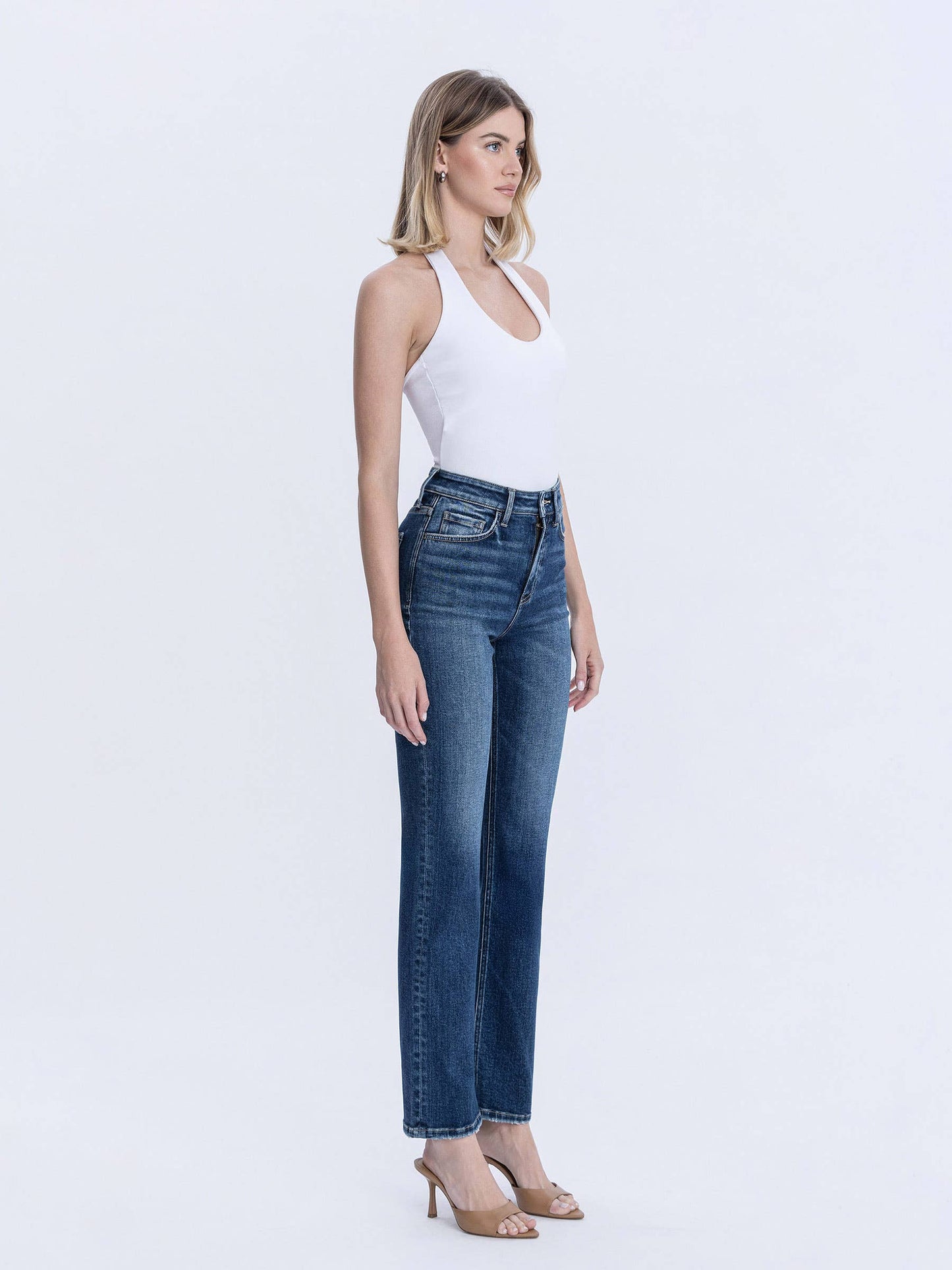 HIGH RISE FULL LENGTH DARK WASH STRAIGHT JEANS
