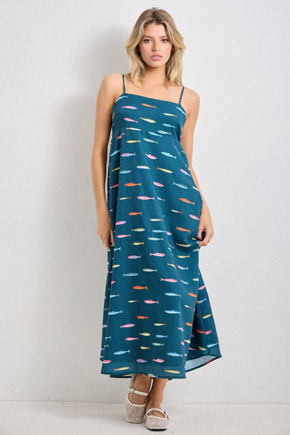 Fin Print in Teal Midi Dress