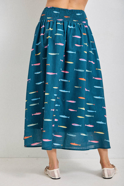 Fin Print in Teal Smocked Midi Skirt
