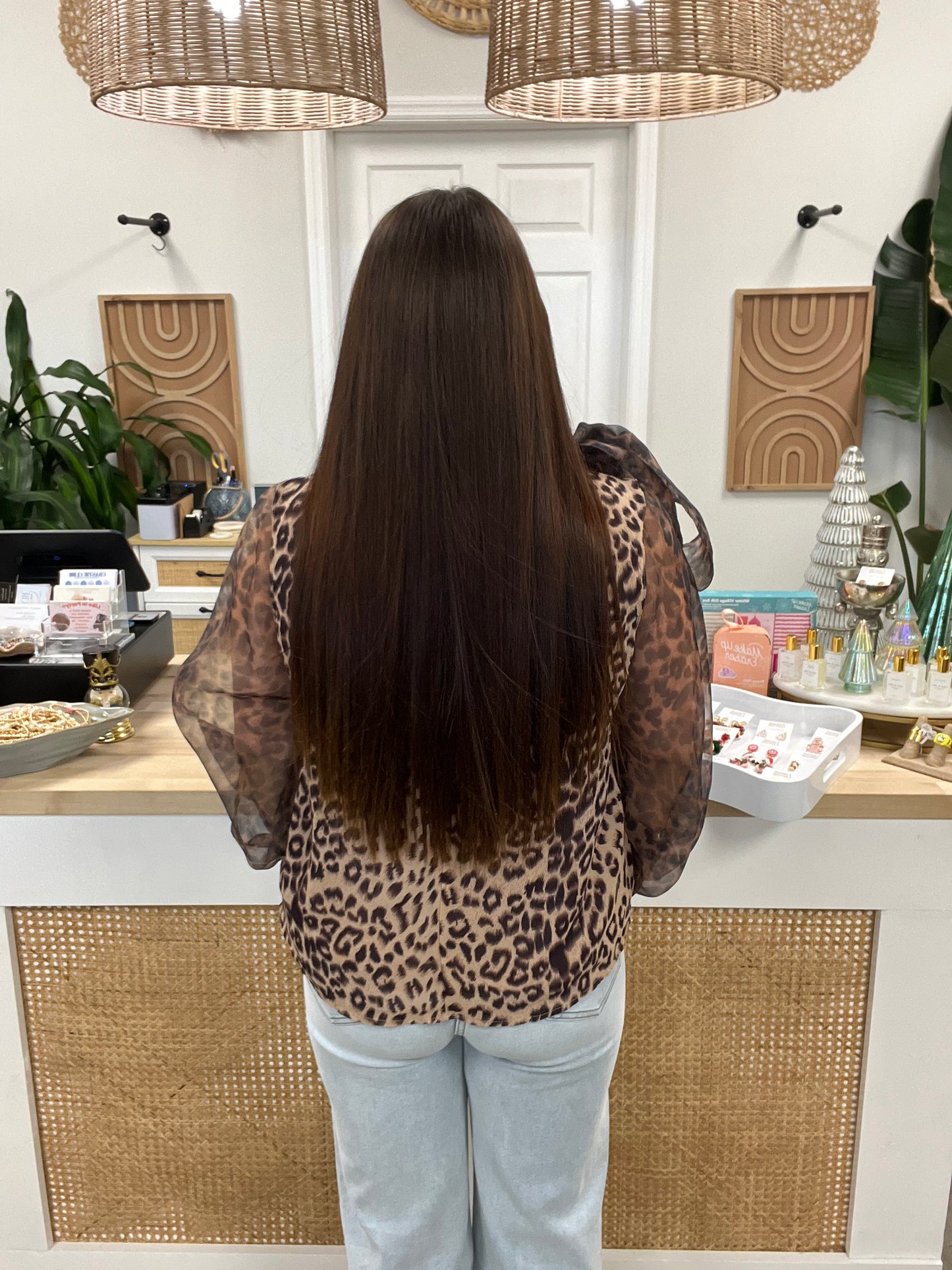 ANIMAL PRINT SHEER SLV BOW TIE BLOUSE