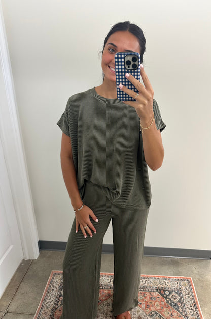 Raised Rib Relaxed Top & Pants Set Dark Olive