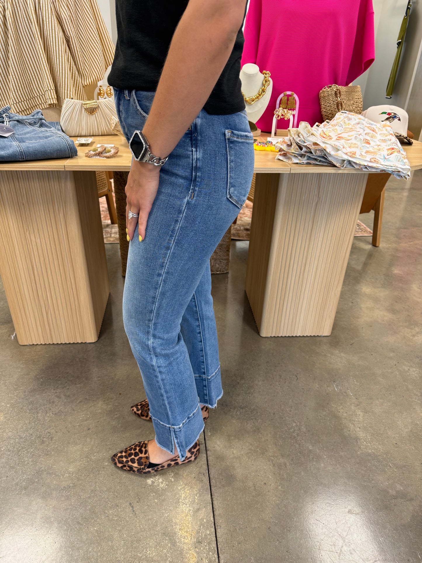 High Rise Trouser Slit Hem Kick Flare Jeans