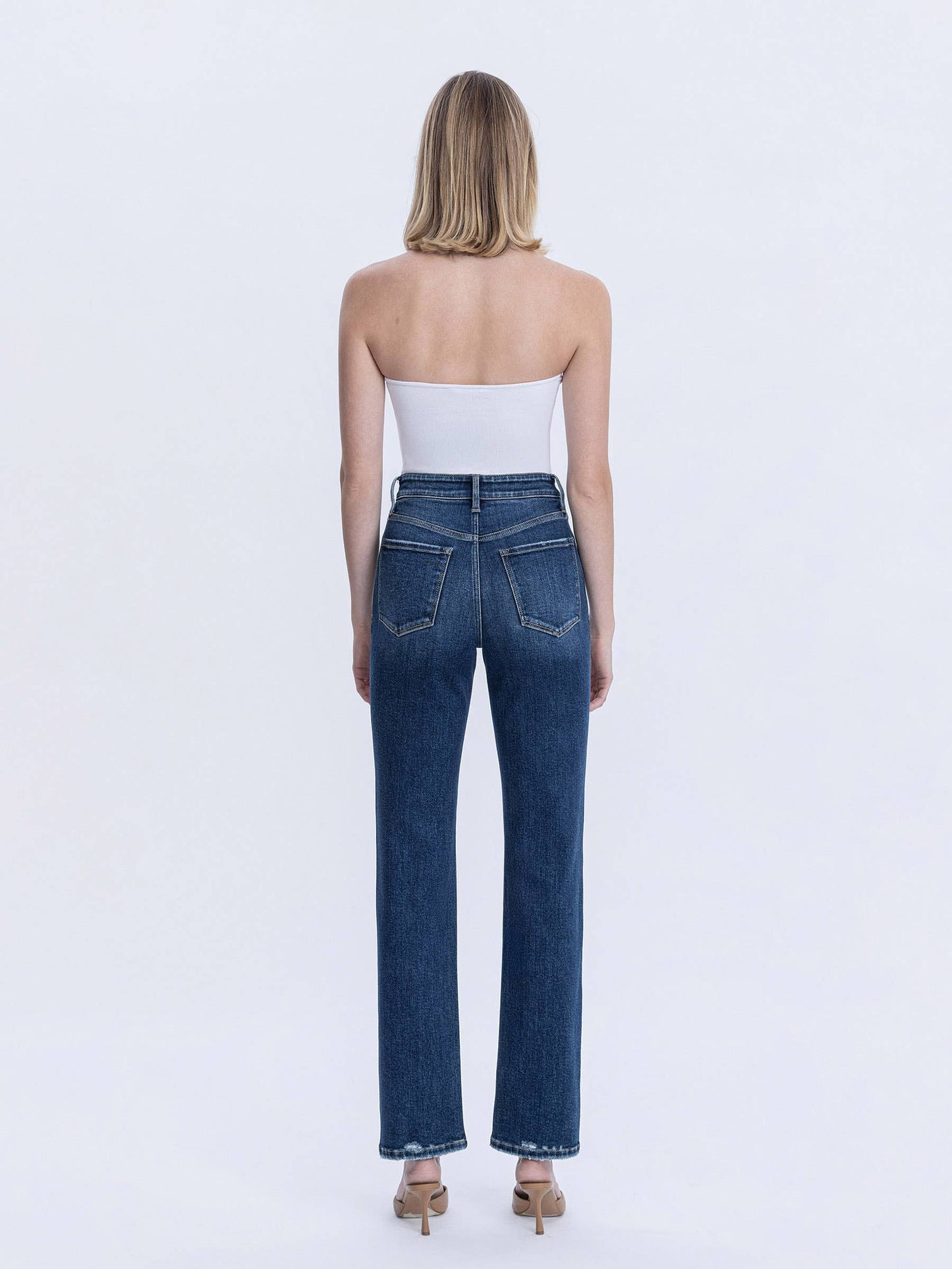HIGH RISE FULL LENGTH DARK WASH STRAIGHT JEANS