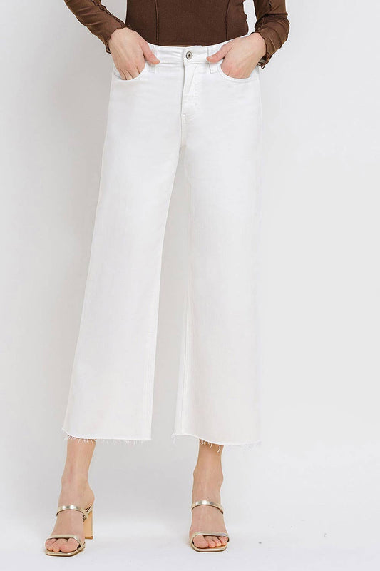 HIGH RISE CLEAN CUT RAW HEM CROP WIDE LEG JEANS